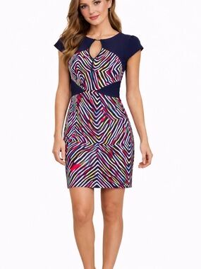NWT BCBG Generation Blue Multicolor Geometric Keyhole Dress‎ 10 Lord & Taylor